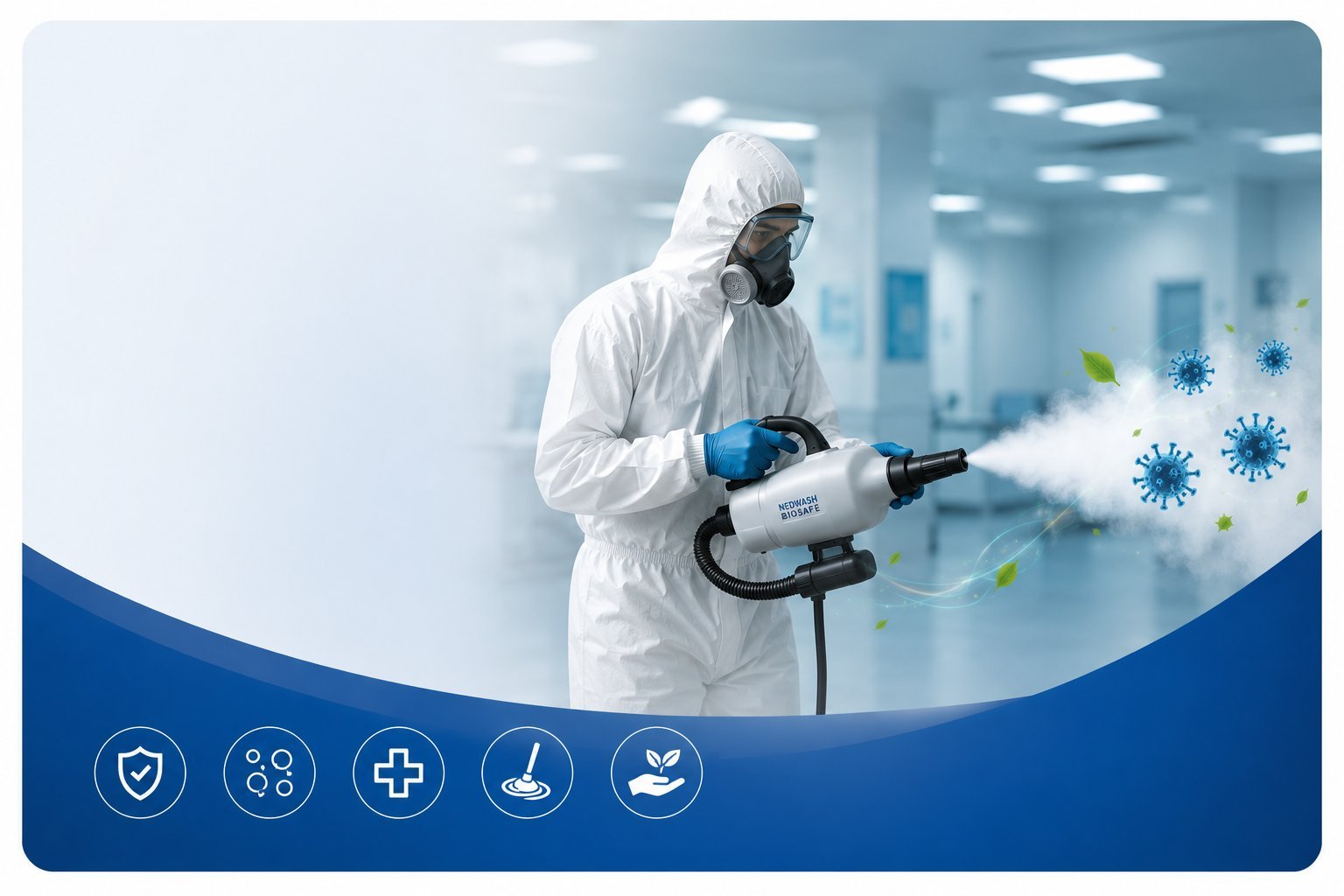Professional disinfection Galați and Brăila Romania - NEDWASH BioSafe operator with ULV fogger for medical spaces